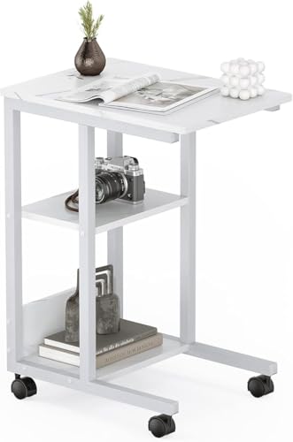 Farini Beistelltisch Sofatisch Couchtisch Nachttisch mit 3 Ablagefächern, C-Form, Metallgestell, Tischpltte aus Holz, feststellbarer Rollen Weiß von Farini