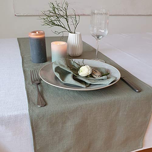 Farnberg Premium Tischläufer aus Leinen - Moderne Tischdeko für Küchentisch, Esstisch - Fleckschutz - Tischband - Tischdecke - (40 x 150 cm) - (Uni-Salbei) von Farnberg