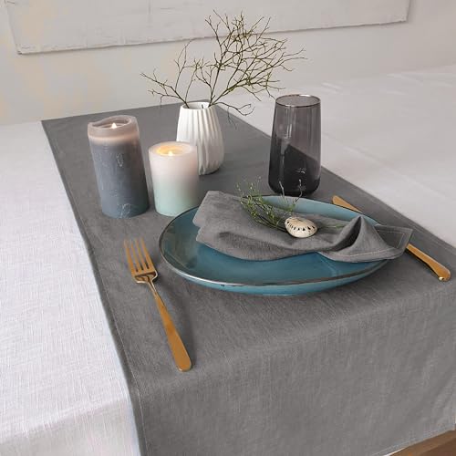 Farnberg Premium Tischläufer aus Leinen - Moderne Tischdeko für Küchentisch, Esstisch - Fleckschutz - Tischband - Tischdecke - (40 x 150 cm) - (Uni-grau) von Farnberg