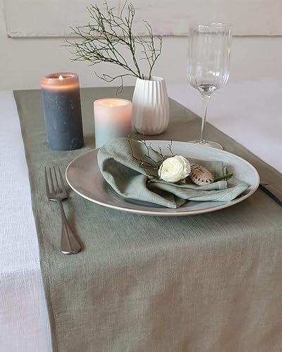 Farnberg Premium Tischläufer aus Leinen - Moderne Tischdeko für Küchentisch, Esstisch - Tischband - Tischdecke - (40 x 250 cm) - Uni Salbei von Farnberg