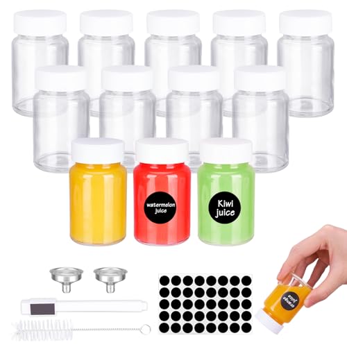 Farnirvana 12 Stück 60ml Shot Flaschen zum Befüllen, Mini Glasflaschen mit Deckel, Wiederverwendbares Kleine Flaschen mit Stift, Trichter und Etiketten für Ingwer Smoothie Saft von Farnirvana