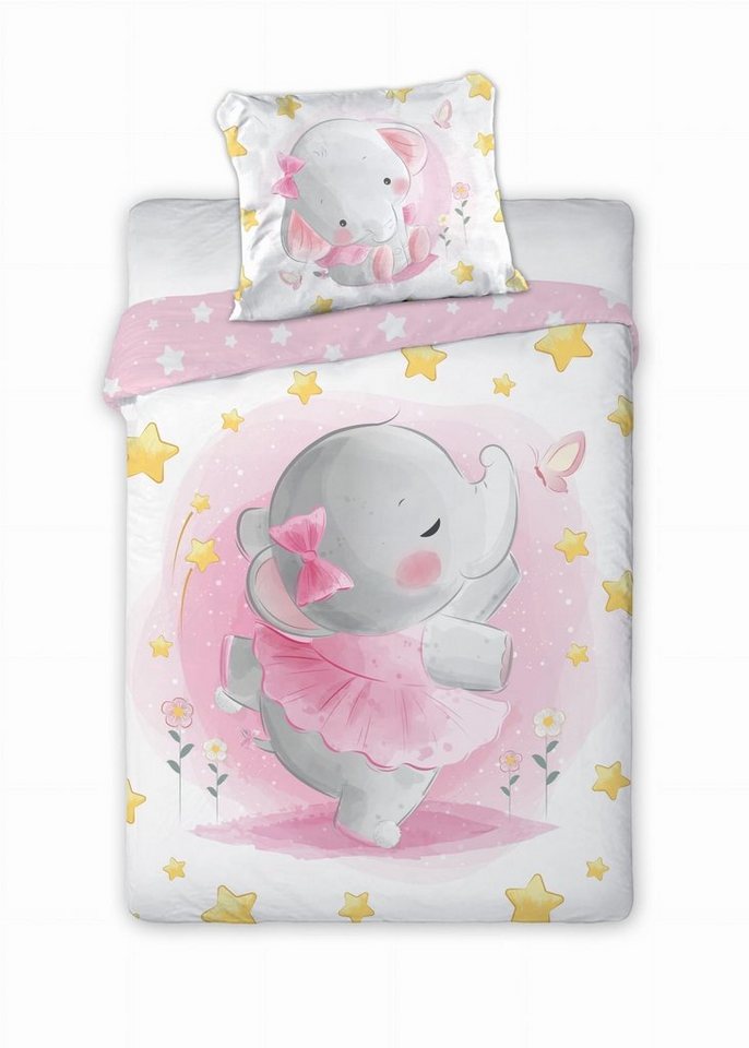 Babybettwäsche Baby Bettwäsche mit rosa Elefant 100x135 cm 100% Baumwolle, Faro von Faro