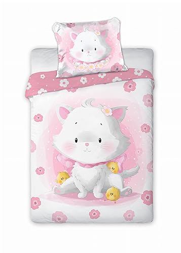 Faro Cuddles Kätzchen-Bettwäsche-Set, rosa für Kinder, Bettbezug 100 x 135 cm, Kissenbezug 40 x 60 cm, 100% Baumwolle von Faro