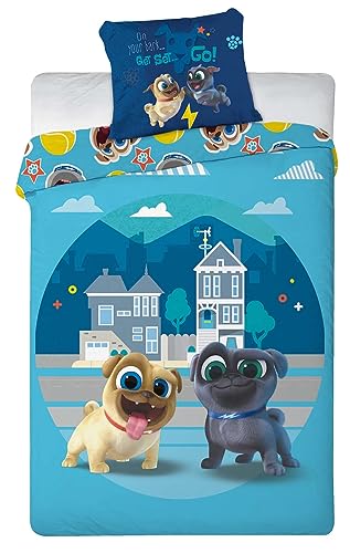 Faro Kinder Wende Bettwäsche Bingo & Rolly Mops Hunde Blau Bettdecke 140x200 + Kopfkissen 70x90 cm 100% Baumwolle von Faro