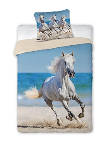 Faro Pferd weiß Horse Riding Set Bett, Bettbezug 160 x 200 Einzelbett 100% Baumwolle Bettwäsche, Mehrfarben, 200 x 160 cm von Faro