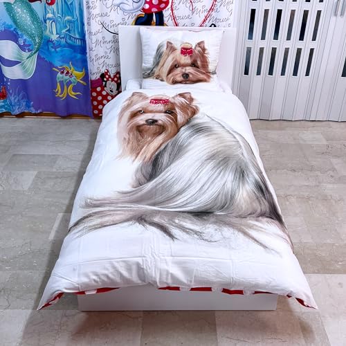 Faro Yorkshire Hund Welpe Best Friends Set Bett, Bettbezug 160 x 200 Einzelbett 100% Baumwolle Bettwäsche, Mehrfarben, 200 x 160 cm von Faro