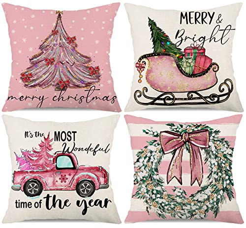 Rosa Weihnachtsstreifen Kissenbezüge 45,7 x 45,7 cm Set mit 4 Stück Schneeflocke Weihnachtsbaum LKW Schlitten Geschenk Kranz Überwurf Kissenbezüge Hello Winter Urlaub Outdoor Kissenbezüge Bauernhaus von Faromily