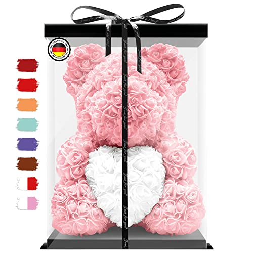 Birkental Rosen Bär - extra großer 40-45cm handgemachter Rosenbär mit Herz und Geschenkbox - Blumenbär als Geburtstagsgeschenk für Frauen, Freundin, Geburtstag, Rose Bear Teddybär (Rosa) von Birkental