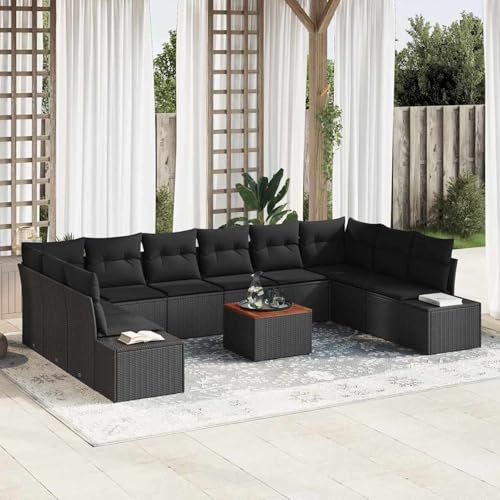 11-teiliges Garten Sofa Set mit Kissen Schwarz Poly Rattan Akazie, Garten-Salon Lounge für stilvolle Abende im Freien3348010 von Fasba