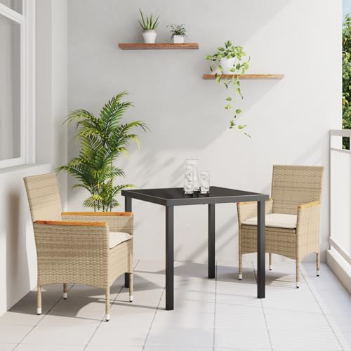 Fasba 3-teilige Garten-Essgruppe mit Kissen Beige Poly Rattan, Gartentisch Schwarz 80x80x73 cm gehärtetes Glas, Gartengarnitur Sitzgarnitur Loungemöbel Set for Loungebereich Terrasse Hotel3379856 von Fasba