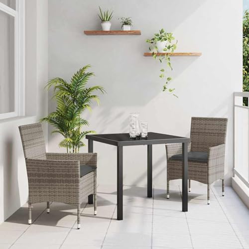Fasba 3-teilige Garten Essgruppe mit Kissen Graues Poly-Rattan, Gartentisch Schwarz 80x80x73 cm Tempered Glass, Gartengarnitur Sitzgarnitur Loungemöbel Set for Loungebereich Terrasse Hotel3379786 von Fasba