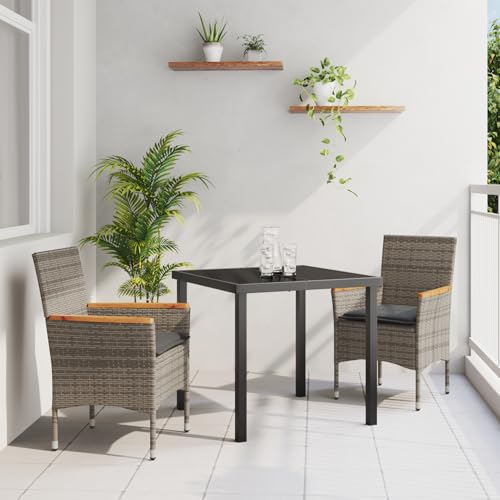 Fasba 3-teiliges Garten Essgruppen-Set mit Kissen Grau Poly Rattan, Gartentisch Schwarz 80x80x73 cms, Gartengarnitur Sitzgarnitur Loungemöbel Set for Loungebereich Terrasse Hotel3379849 von Fasba