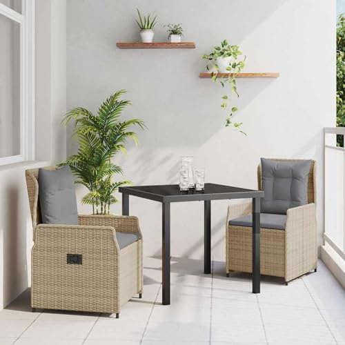 Fasba 3-teiliges Garten Essset Beiges Poly Rattan, Gartentisch Schwarz 80x80x73 cm Tempered Glass, Gartengarnitur Sitzgarnitur Loungemöbel Set for Loungebereich Terrasse Hotel3380960 von Fasba