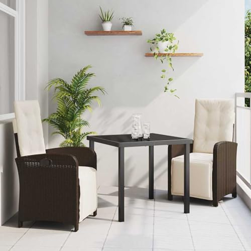 Fasba 3-teiliges Garten Essset mit Kissen Braun Poly-Rattan, Gartentisch Schwarz 80x80x73 cm Gehärtetes Glas, Gartengarnitur Sitzgarnitur Loungemöbel Set for Loungebereich Terrasse Hotel3380316 von Fasba