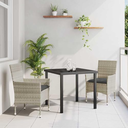 Fasba 3-teiliges Garten-Essset mit Kissen Lichtgrau Poly-Rattan, Gartentisch Schwarz 80x80x73 cm mit, Gartengarnitur Sitzgarnitur Loungemöbel Set for Loungebereich Terrasse Hotel3379807 von Fasba