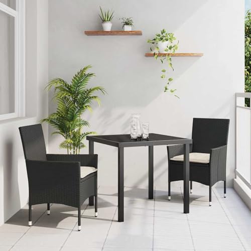 Fasba 3-teiliges Garten Essset mit Kissen Schwarz Poly Rattan, Gartentisch Schwarz 80x80x73 cm Temperiertes Glas, Gartengarnitur Sitzgarnitur Loungemöbel Set for Loungebereich Terrasse Hotel3379765 von Fasba