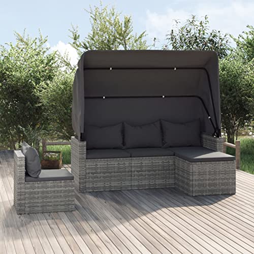 Fasba 4-TLG. Gartensofa mit Sonnendach, Gartensofa 3 Sitzer, Gartenlounge Set Polyrattan, Sonnenliege Gartenliege Mittelsofa Fu?hocker Poly Rattan Grau/ 3186649 von Fasba