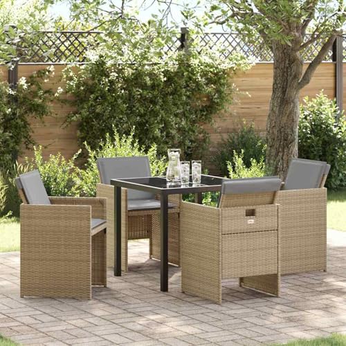 Fasba 5-TLG. Garten Esstischset mit Kissen Beige Poly Rattan, Gartentisch Schwarz 80x80x73 cm Temperiertes Glas, Gartengarnitur Sitzgarnitur Loungemöbel Set for Loungebereich Terrasse Hotel3380613 von Fasba