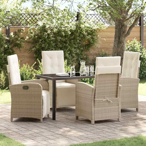 Fasba 5-teilige Garten-Essgruppe mit Kissen Beige Poly Rattan, Gartentisch Schwarz 140x80x73 cm Sicherheitsglas, Gartengarnitur Sitzgarnitur Loungemöbel Set for Loungebereich Terrasse Hotel3380332 von Fasba