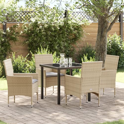 Fasba 5-teilige Garten Essgruppe mit Kissen Beige Poly Rattan, Gartentisch Schwarz 80x80x73 cm Tempered Glass, Gartengarnitur Sitzgarnitur Loungemöbel Set for Loungebereich Terrasse Hotel3379794 von Fasba