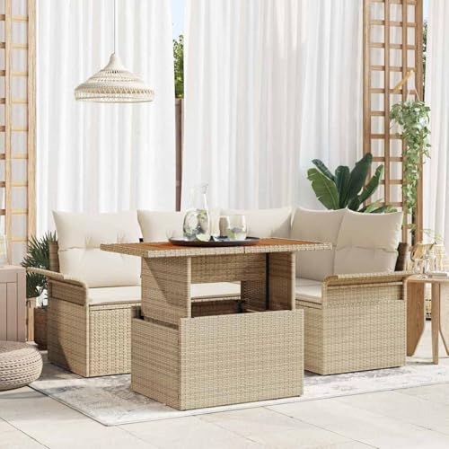 Fasba 5-teilige Garten-Essgruppe mit Kissen Beige Poly Rattan Akazie, Gartengarnitur Sitzgarnitur Loungemöbel Set for Loungebereich Terrasse Hotel3349329 von Fasba