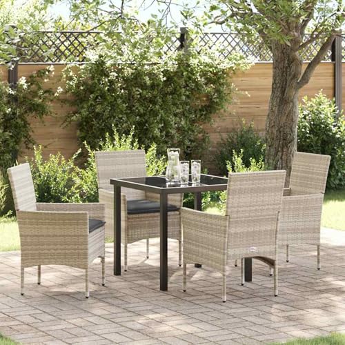 Fasba 5-teilige Garten Essgruppe mit Kissen Hellgraue Poly Rattan, Gartentisch Schwarz 80x80x73 cms, Gartengarnitur Sitzgarnitur Loungemöbel Set for Loungebereich Terrasse Hotel3379808 von Fasba