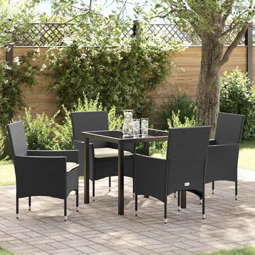 Fasba 5-teiliges Garten-Dining-Set mit Kissen Schwarzes Poly-Rattan, Gartentisch Schwarz 80x80x73 cm, Gartengarnitur Sitzgarnitur Loungemöbel Set for Loungebereich Terrasse Hotel3379766 von Fasba