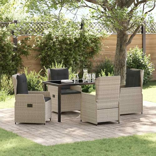 Fasba 5-teiliges Garten Essenset Hellgrau Poly Rattan, Gartentisch Schwarz 140x80x73 cm Temperglas, Gartengarnitur Sitzgarnitur Loungemöbel Set for Loungebereich Terrasse Hotel3380976 von Fasba