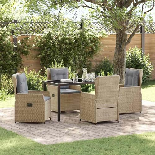 Fasba 5-teiliges Garten Essgruppe Beige Poly-Rattan, Gartentisch Schwarz 140x80x73 cm Temperglas, Gartengarnitur Sitzgarnitur Loungemöbel Set for Loungebereich Terrasse Hotel3380962 von Fasba