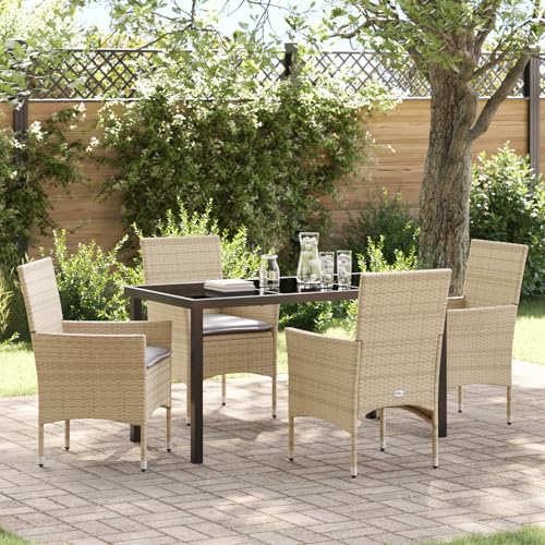 Fasba 5-teiliges Garten-Essset mit Kissen Beige Poly Rattan, Gartentisch Schwarz 140x80x73 cm Sicherheitsglas, Gartengarnitur Sitzgarnitur Loungemöbel Set for Loungebereich Terrasse Hotel3379795 von Fasba