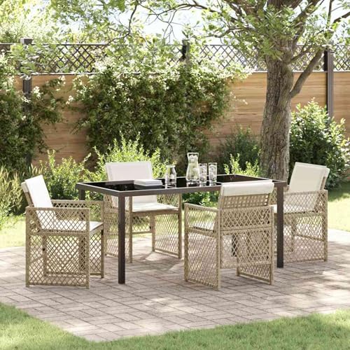 Fasba 5-teiliges Garten Essset mit Kissen Beige Poly Rattan, Gartentisch Schwarz 160x80x73 cm Sicherheitsglas, Gartengarnitur Sitzgarnitur Loungemöbel Set for Loungebereich Terrasse Hotel3380635 von Fasba