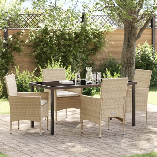 Fasba 5-teiliges Garten-Essset mit Kissen Beige Poly Rattan, Gartentisch Schwarz 160x80x73 cm Tempered Glass, Gartengarnitur Sitzgarnitur Loungemöbel Set for Loungebereich Terrasse Hotel3379803 von Fasba