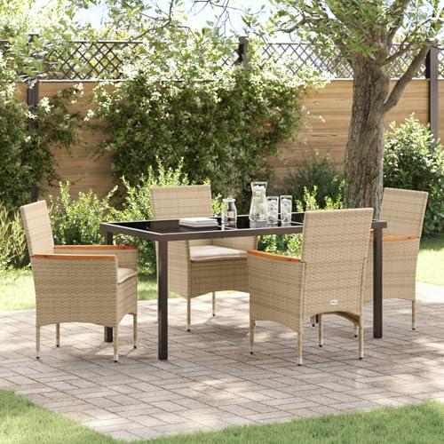 Fasba 5-teiliges Garten Essset mit Kissen Beige Poly-Rattan, Gartentisch Schwarz 160x80x73 cm Temperglas, Gartengarnitur Sitzgarnitur Loungemöbel Set for Loungebereich Terrasse Hotel3379859 von Fasba