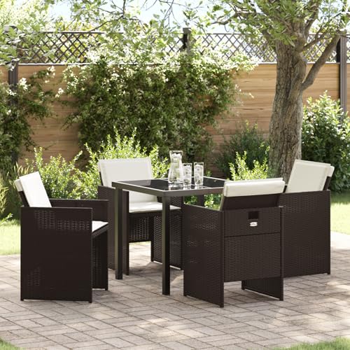 Fasba 5-teiliges Garten Essset mit Kissen Braun Poly Rattan, Gartentisch Schwarz 80x80x73 cm Sicherheitsglas, Gartengarnitur Sitzgarnitur Loungemöbel Set for Loungebereich Terrasse Hotel3380601 von Fasba