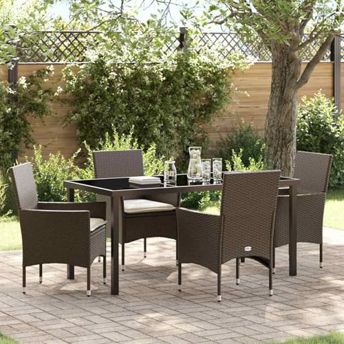 Fasba 5-teiliges Garten-Essset mit Kissen aus braunem Poly-Rattan, Gartentisch Schwarz 160x80x73 cm, Gartengarnitur Sitzgarnitur Loungemöbel Set for Loungebereich Terrasse Hotel3379782 von Fasba