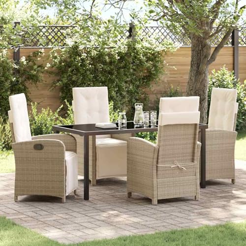 Fasba 5-teiliges Garten Essset mit Kissen in Beige Poly Rattan, Gartentisch Schwarz 160x80x73 cm Tempered Glass, Gartengarnitur Sitzgarnitur Loungemöbel Set for Loungebereich Terrasse Hotel3380333 von Fasba