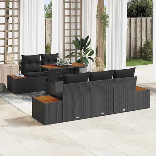 Fasba 6-teilige Garten-Essgruppe mit Kissen Schwarz Poly Rattan Akazie, Gartengarnitur Sitzgarnitur Loungemöbel Set for Loungebereich Terrasse Hotel3350025 von Fasba