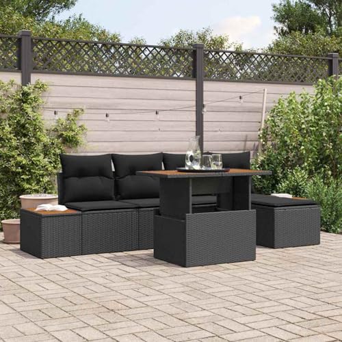 Fasba 6-teilige Garten-Essgruppe mit Kissen Schwarzes Poly-Rattan Akazie, Gartengarnitur Sitzgarnitur Loungemöbel Set for Loungebereich Terrasse Hotel3350060 von Fasba