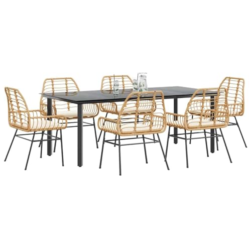 Fasba 7-TLG. Garten-Essgruppe mit Kissen Braun Poly Rattan Glas, Gartengarnitur Sitzgarnitur Loungemöbel Set for Loungebereich Terrasse Hotel3334560 von Fasba