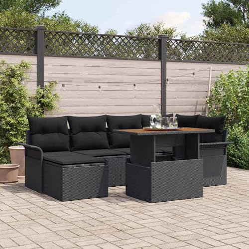 Fasba 7-teilige Garten-Essgruppe mit Kissen Schwarz Poly Rattan Akazie, Gartengarnitur Sitzgarnitur Loungemöbel Set for Loungebereich Terrasse Hotel3349358 von Fasba