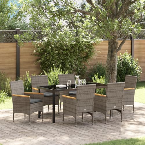 Fasba 7-teiliges Garten ESS Set mit Kissen Grau Poly-Rattan, Gartentisch Schwarz 160x80x73 cm ESG-Glas, Gartengarnitur Sitzgarnitur Loungemöbel Set for Loungebereich Terrasse Hotel3379853 von Fasba