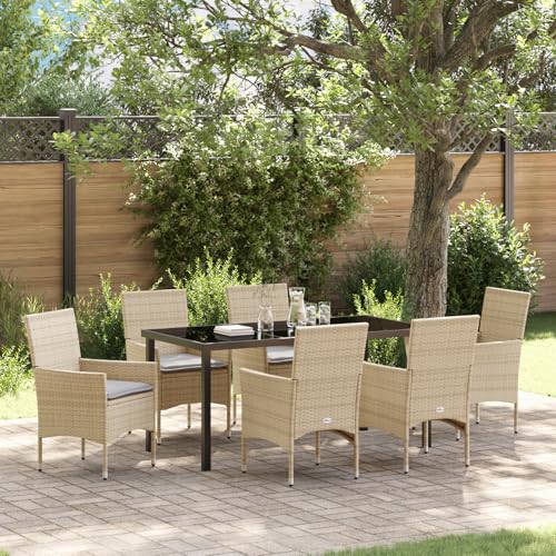 Fasba 7-teiliges Garten Essgruppe mit Kissen Beige Poly Rattan, Gartentisch Schwarz 160x80x73 cm Tempered Glass, Gartengarnitur Sitzgarnitur Loungemöbel Set for Loungebereich Terrasse Hotel3379797 von Fasba