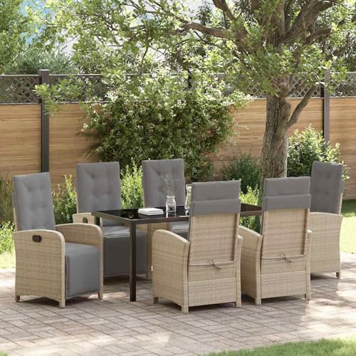 Fasba 7-teiliges Garten Essset mit Kissen Beige Poly Rattan, Gartentisch Schwarz 160x80x73 cm Sicherheitsglas, Gartengarnitur Sitzgarnitur Loungemöbel Set for Loungebereich Terrasse Hotel3380341 von Fasba