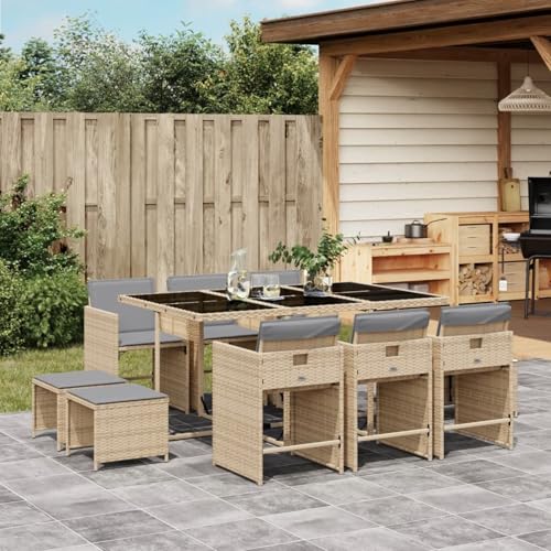 Fasba Garten Essgruppe 11-TLG., Gartenmöbel Set Tisch mit Glasplatte 6 Stühle 4 Hocker, Gartengarnitur mit Kissen, Sitzgruppe Terrasse, Beigemischung Poly Rattan von Fasba
