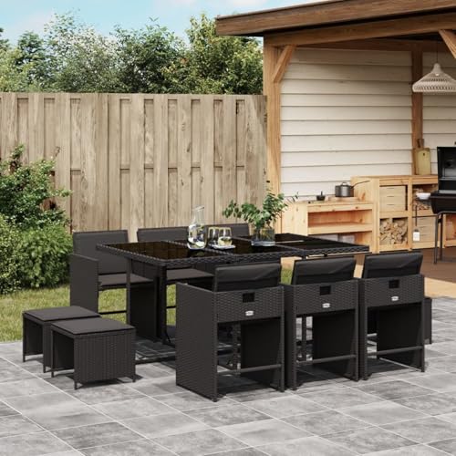 Fasba Garten Essgruppe 11-TLG., Gartenmöbel Set Tisch mit Glasplatte 6 Stühle 4 Hocker, Gartengarnitur mit Kissen, Sitzgruppe Terrasse, Schwarz Poly Rattan von Fasba