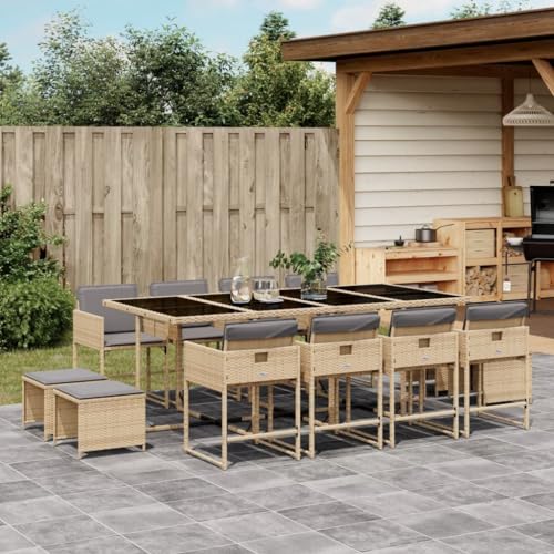 Fasba Garten Essgruppe 13-TLG., Gartenmöbel Set Tisch mit 8 Stühle 4 Hocker, Gartengarnitur mit Kissen, Sitzgruppe Essgarnitur Terrasse, Beigemischung Poly Rattan von Fasba