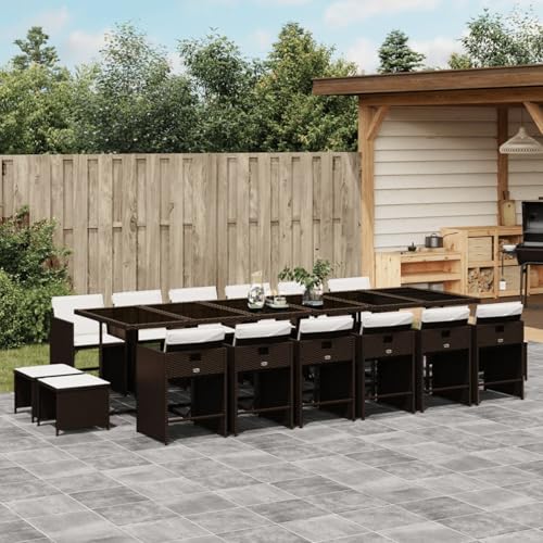 Fasba Garten Essgruppe 17-TLG., Gartenmöbel Set Tisch mit Glasplatte 12 Stühle 4 Hocker, Gartengarnitur mit Kissen, Sitzgruppe Terrasse, Braun Poly Rattan von Fasba