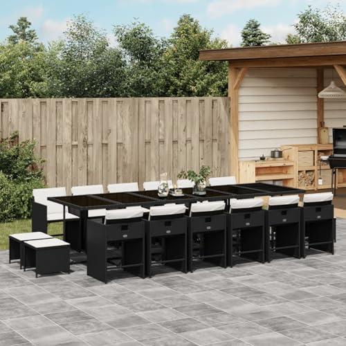 Fasba Garten Essgruppe 17-TLG., Gartenmöbel Set Tisch mit Glasplatte 12 Stühle 4 Hocker, Gartengarnitur mit Kissen, Sitzgruppe Terrasse, Schwarz Poly Rattan von Fasba