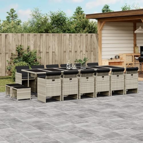 Fasba Garten Essgruppe 17-TLG., Gartenmöbel Set mit Kissen, Gartengarnitur Tisch 12 Stühle 4 Hocker, Sitzgruppe Sitzgarnitur, Hellgrau Poly Rattan/ 3277774 von Fasba