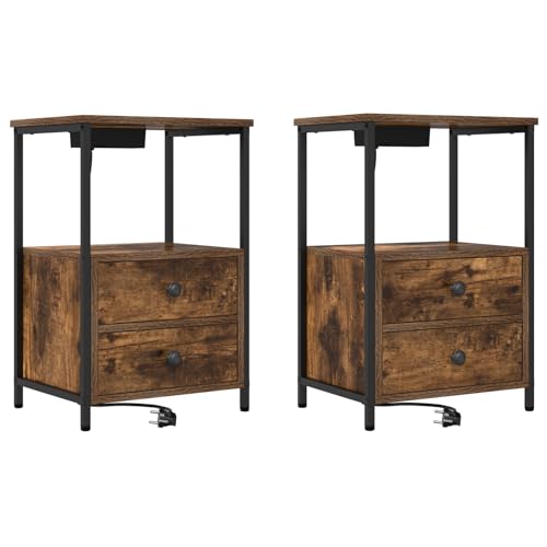 Fasba Nachttisch mit Ladestation 2 pcs Räuchereiche Holzwerkstoff, Schlafzimmer Nachtschrank Stilvolles Nachtkästchen für Wohnzimmer Hotelzimmer von Fasba
